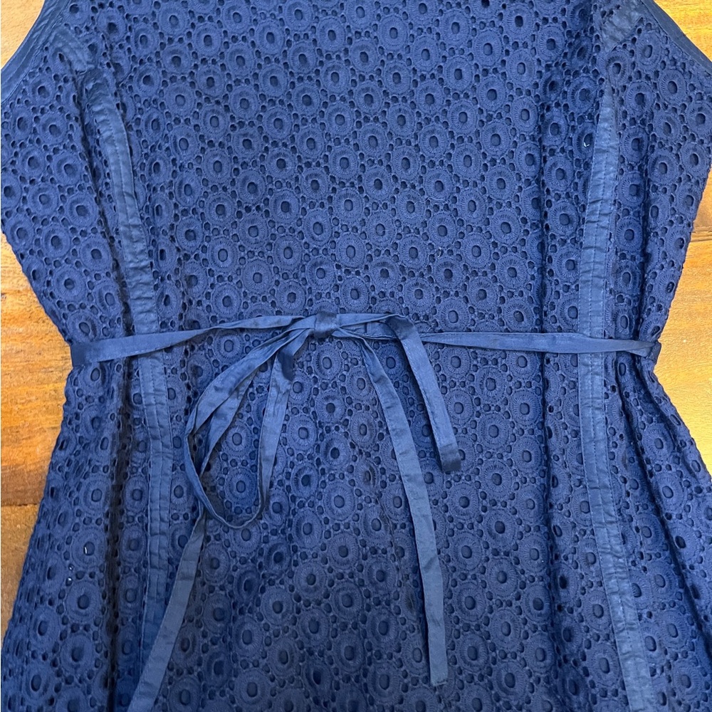 Talbots Womens Dress Sz 12P Navy Blue Eyelet Sleeveless Fit And Flare Belt - Picture 5 of 8